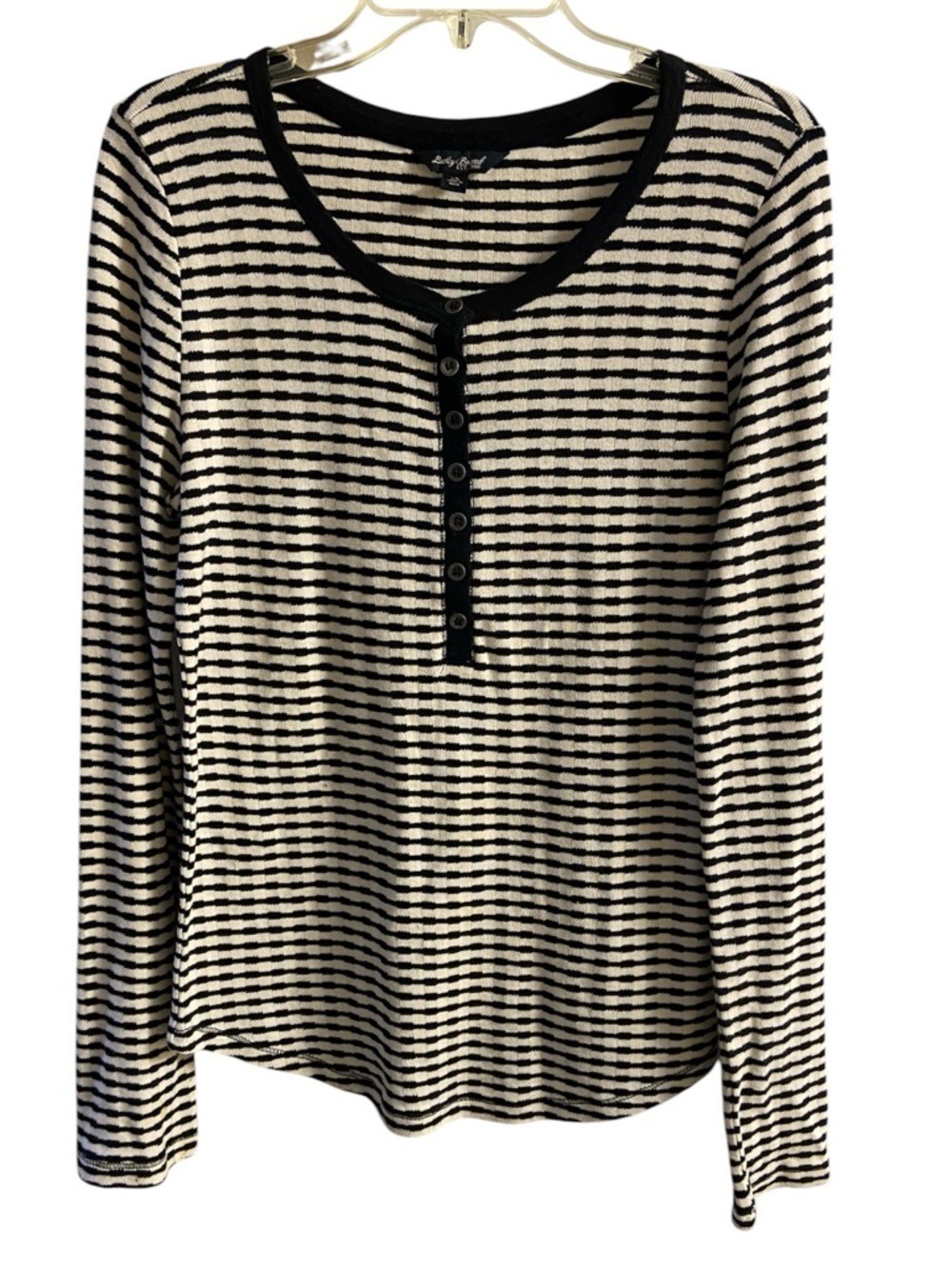 Lucky Brand Black and Cream Striped Long Sleeve Henley Top XL